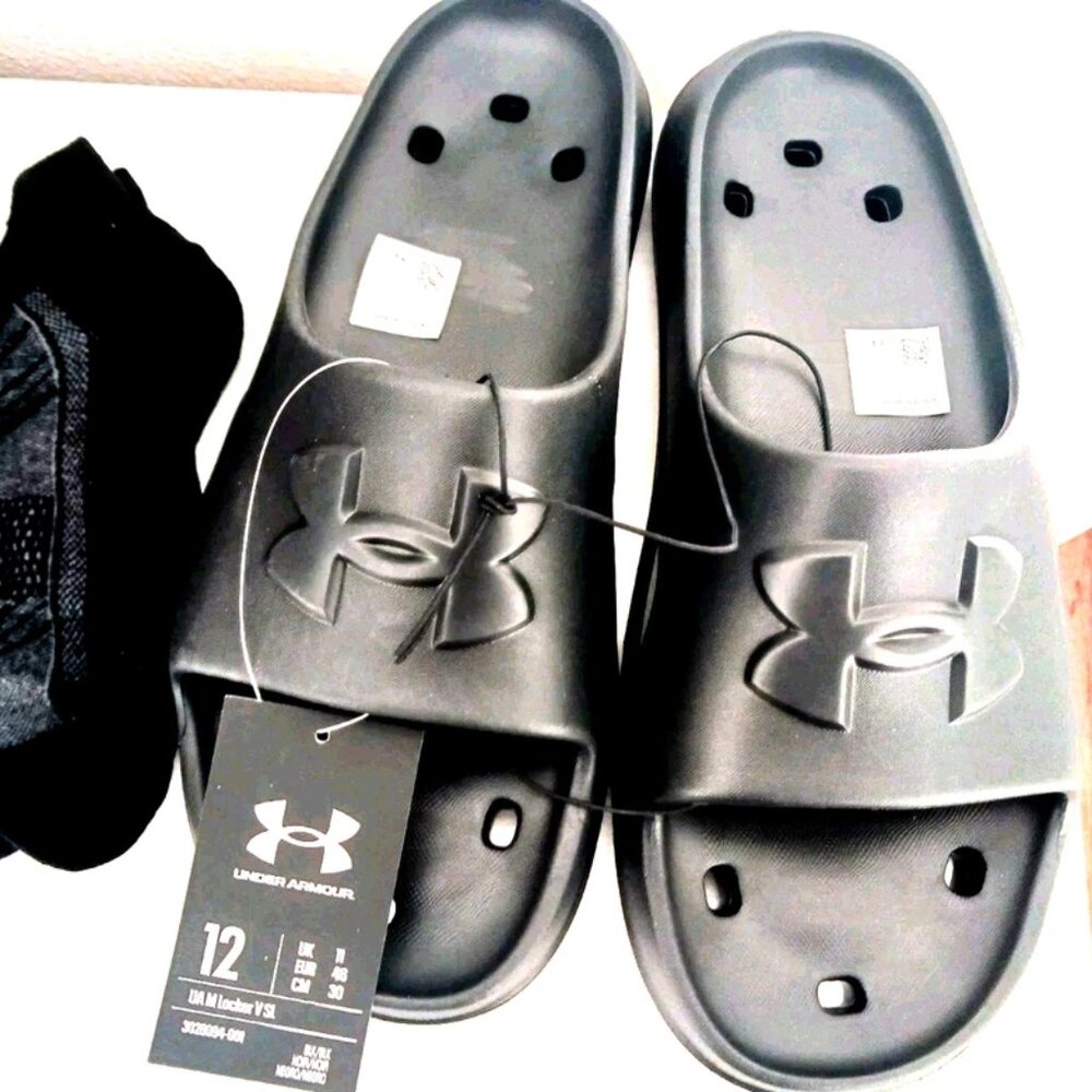 Mens Under Armour UA Locker IV Slides-Sandals Size 12 New with Tags + Socks